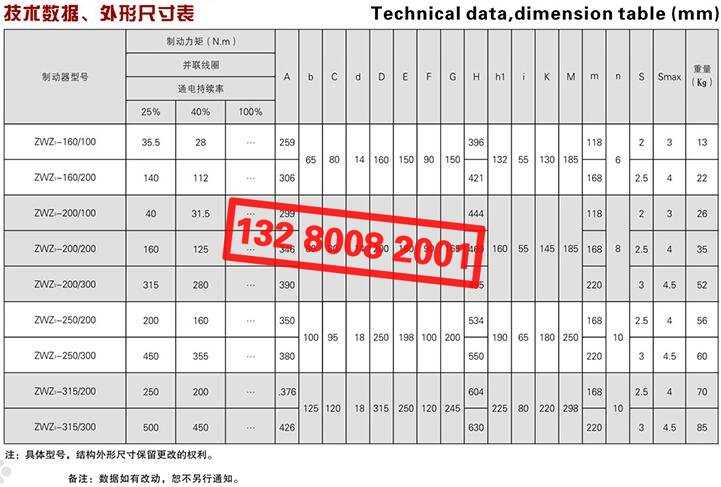 ZWZ3系列直流電磁鼓式制動器技術(shù)數(shù)據(jù)、外形尺寸表